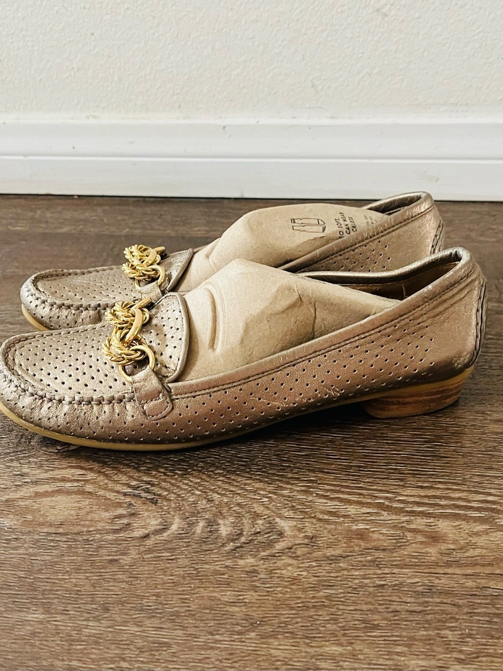 Stuart Weitzman Metallic Taupe Loafers with Gold Chain